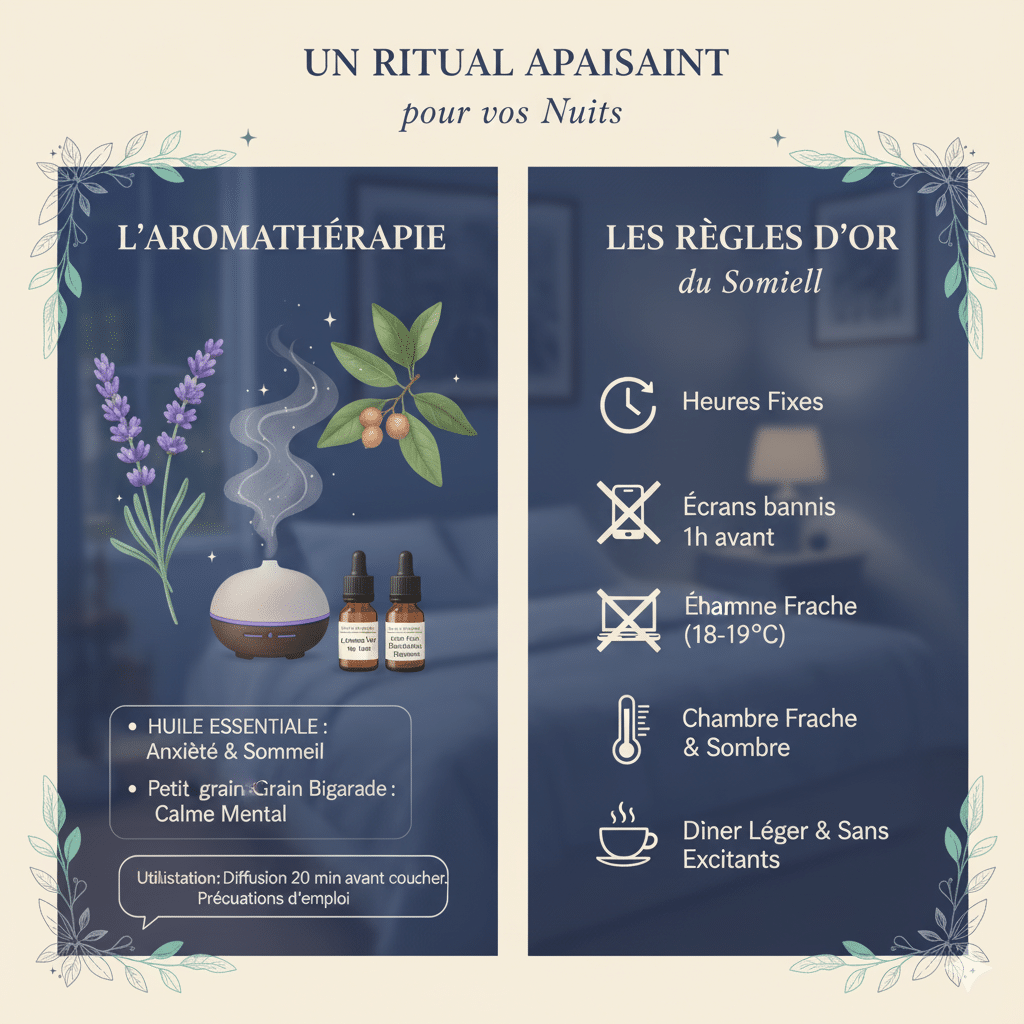 Conseils d'hygiène de sommeil et huiles essentielles à diffuser.
