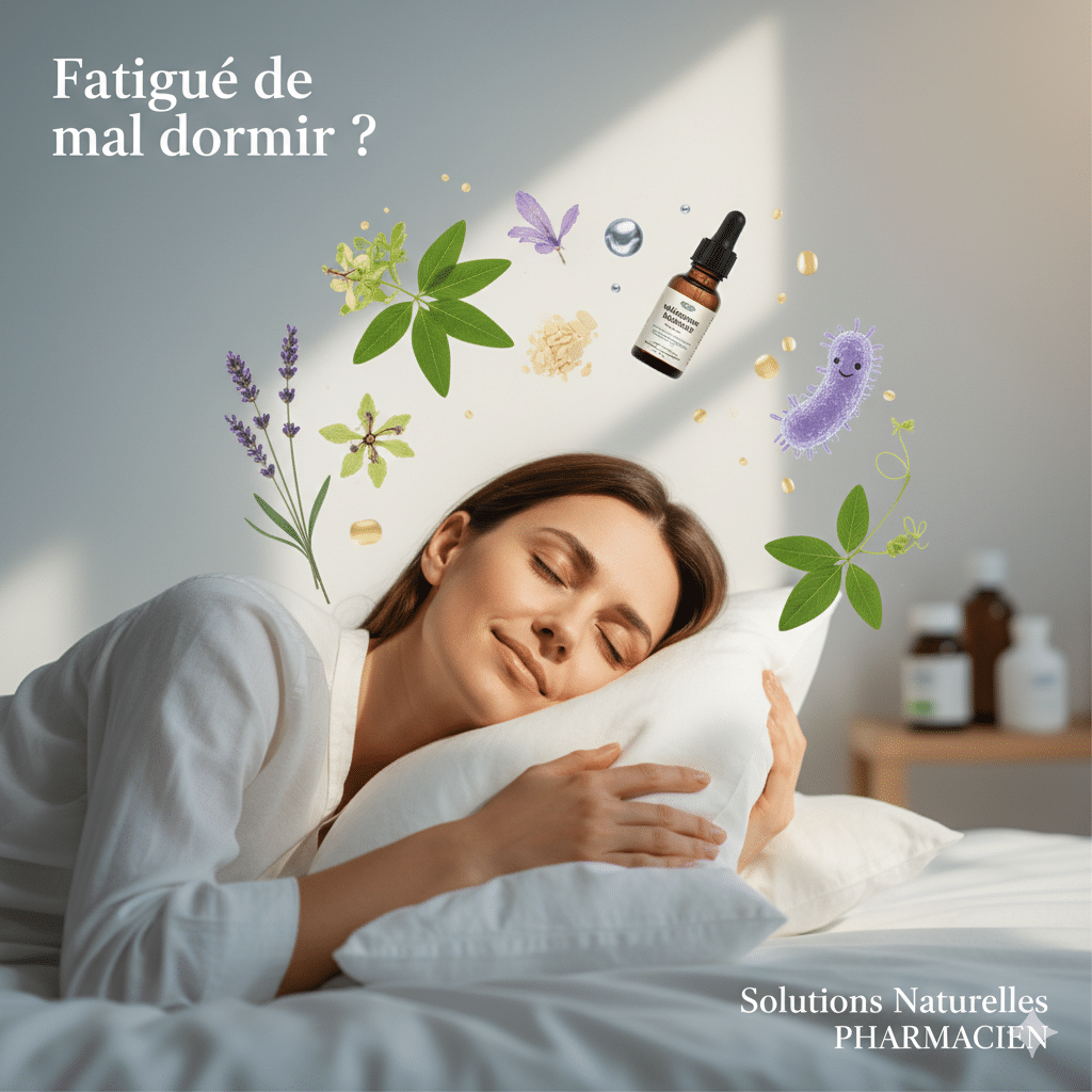 Femme dormant paisiblement avec illustrations de solutions naturelles pour le sommeil.