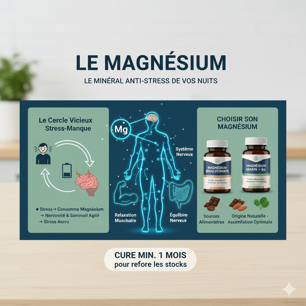 Infographie sur les bienfaits du magnésium contre le stress et pour le sommeil.