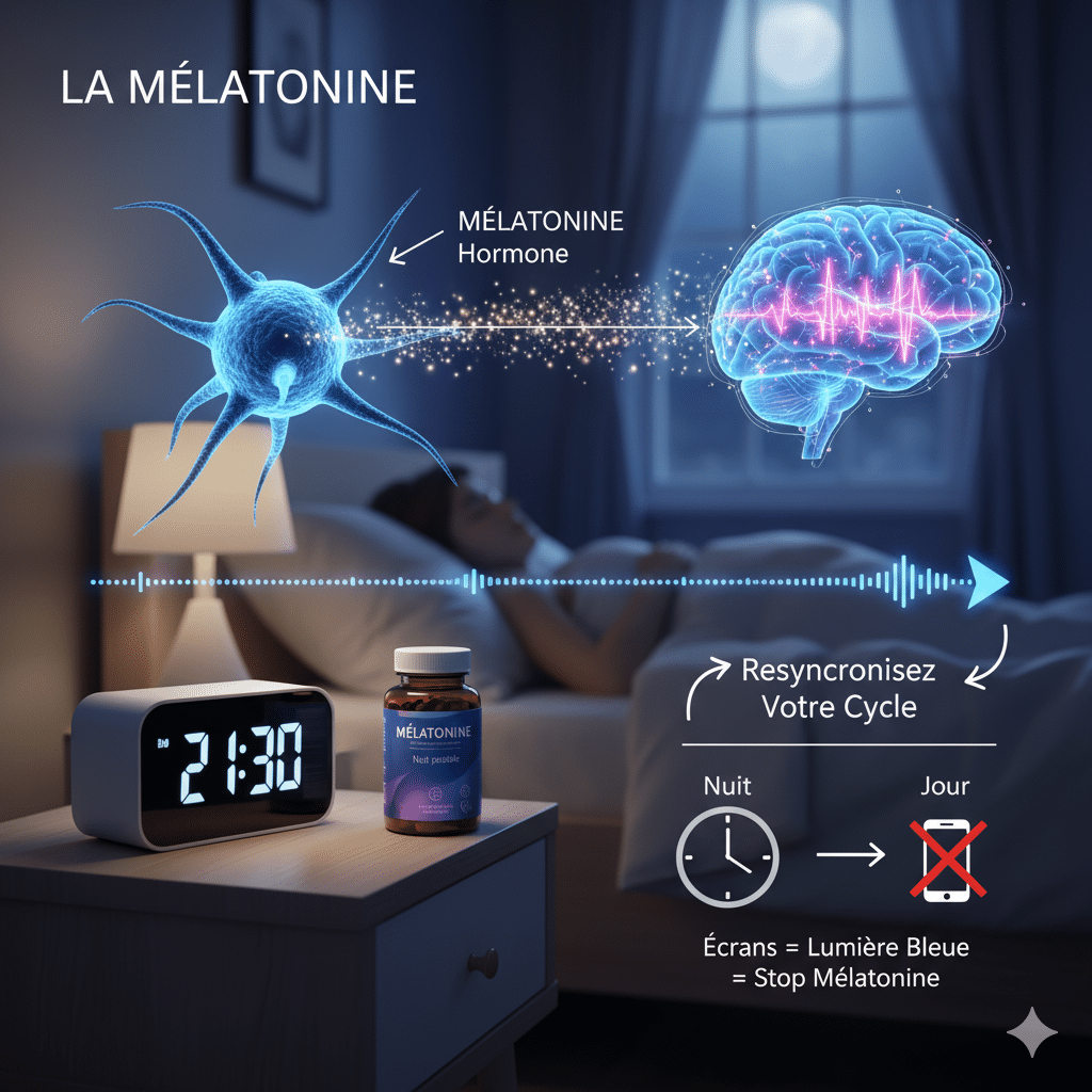 Schéma expliquant comment la mélatonine régule le cycle du sommeil.