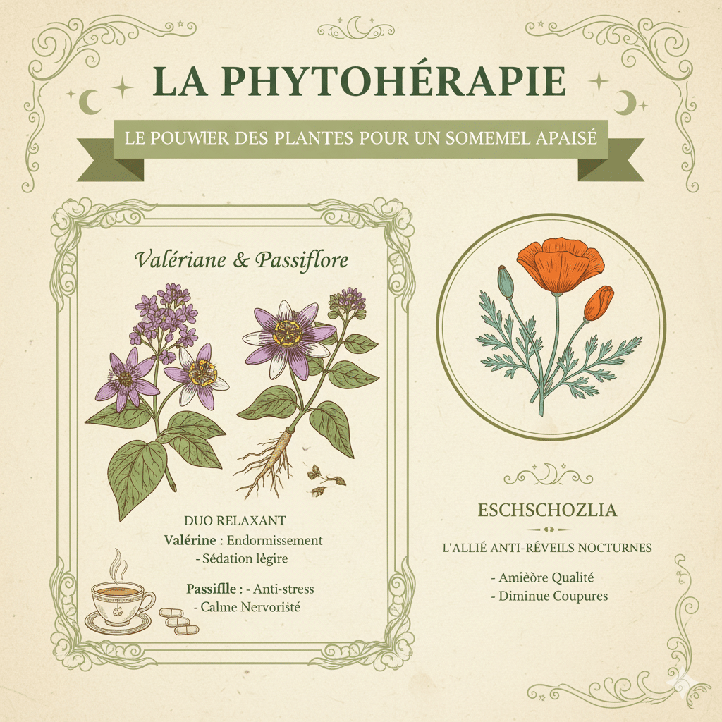 Illustrations des plantes pour le sommeil : valériane, passiflore et eschscholzia.