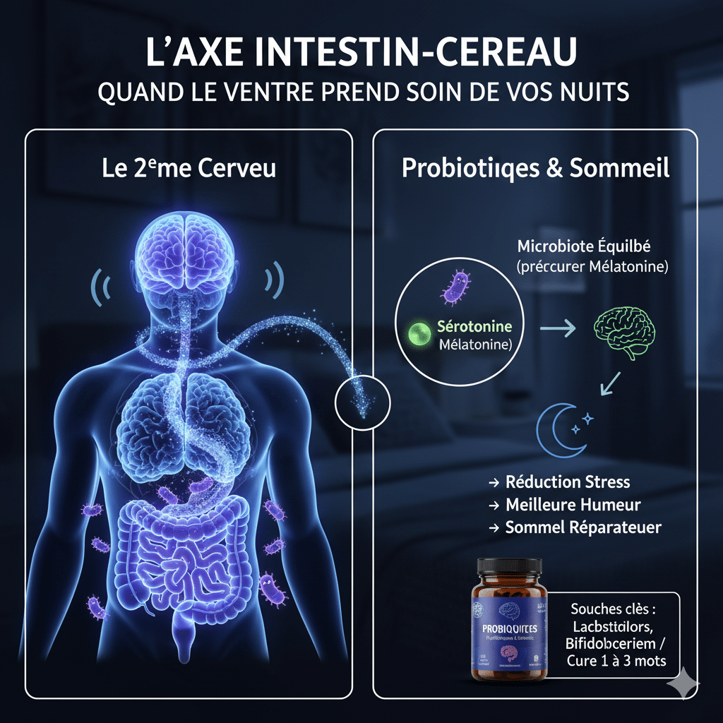 Schéma de l'axe intestin-cerveau et le rôle des probiotiques sur le sommeil.