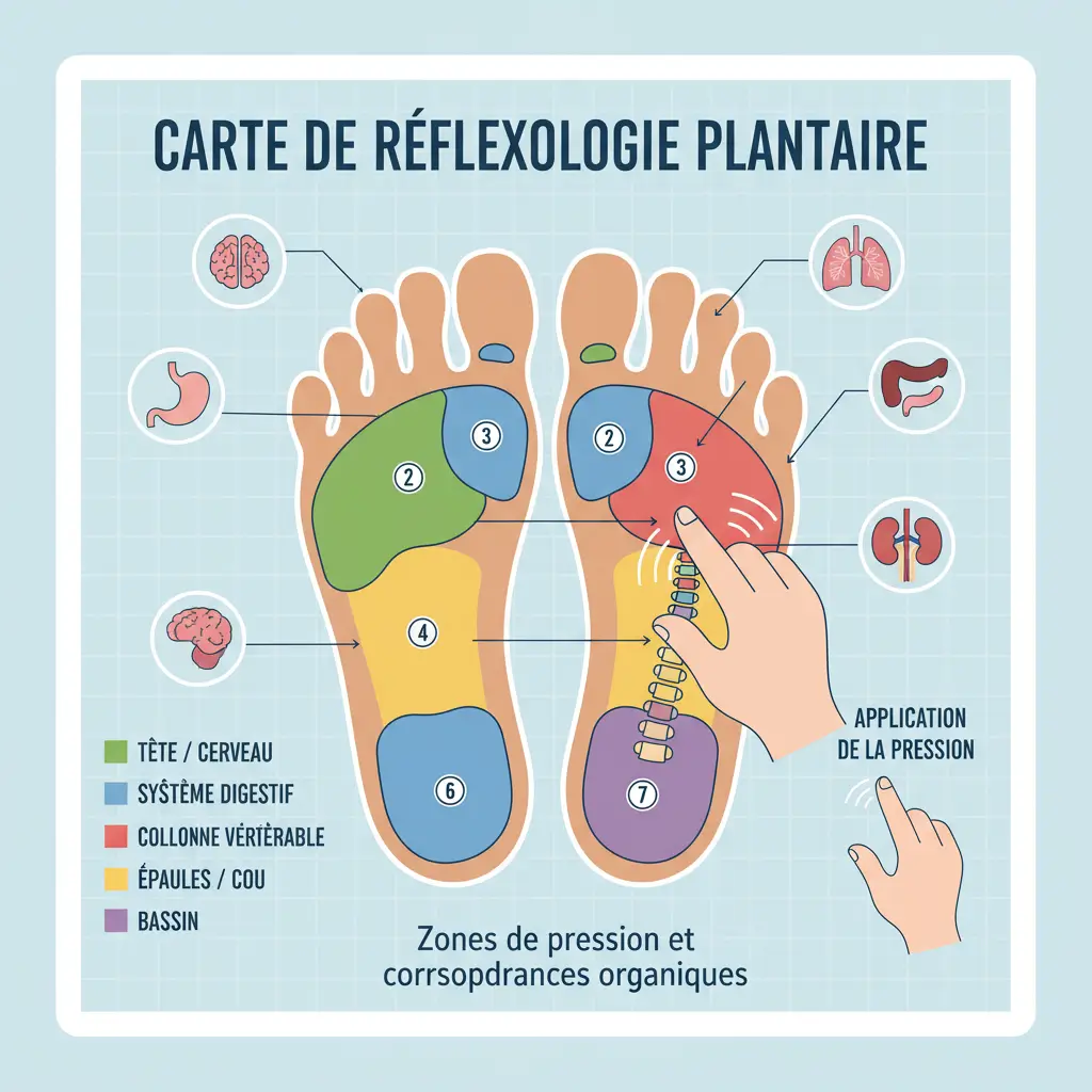 les zones à masser sur le pied pour la réflexologie plantaire.