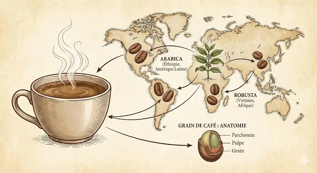 carte mondiale du café, robusta, arabica, anatomie d'une graine de café