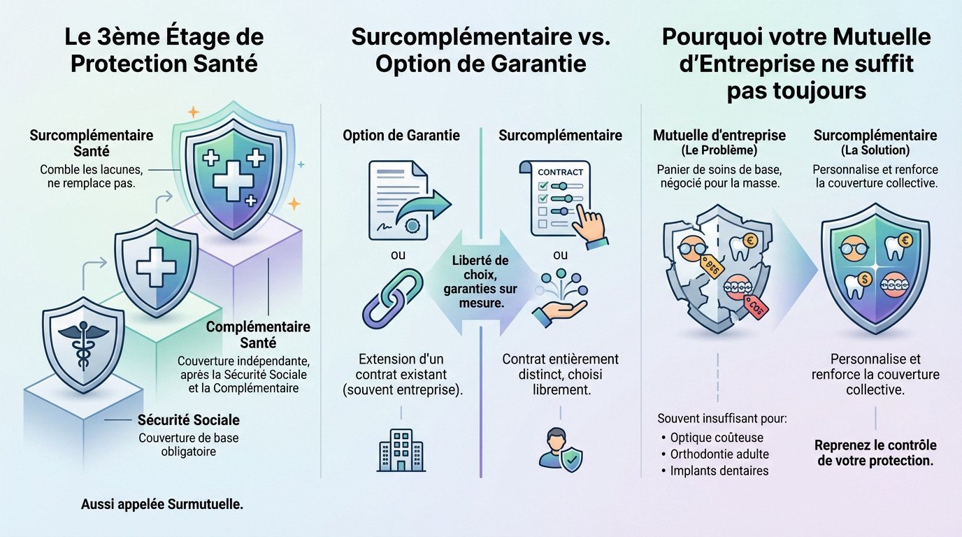 Schéma explicatif des trois niveaux de remboursement incluant la surcomplémentaire santé