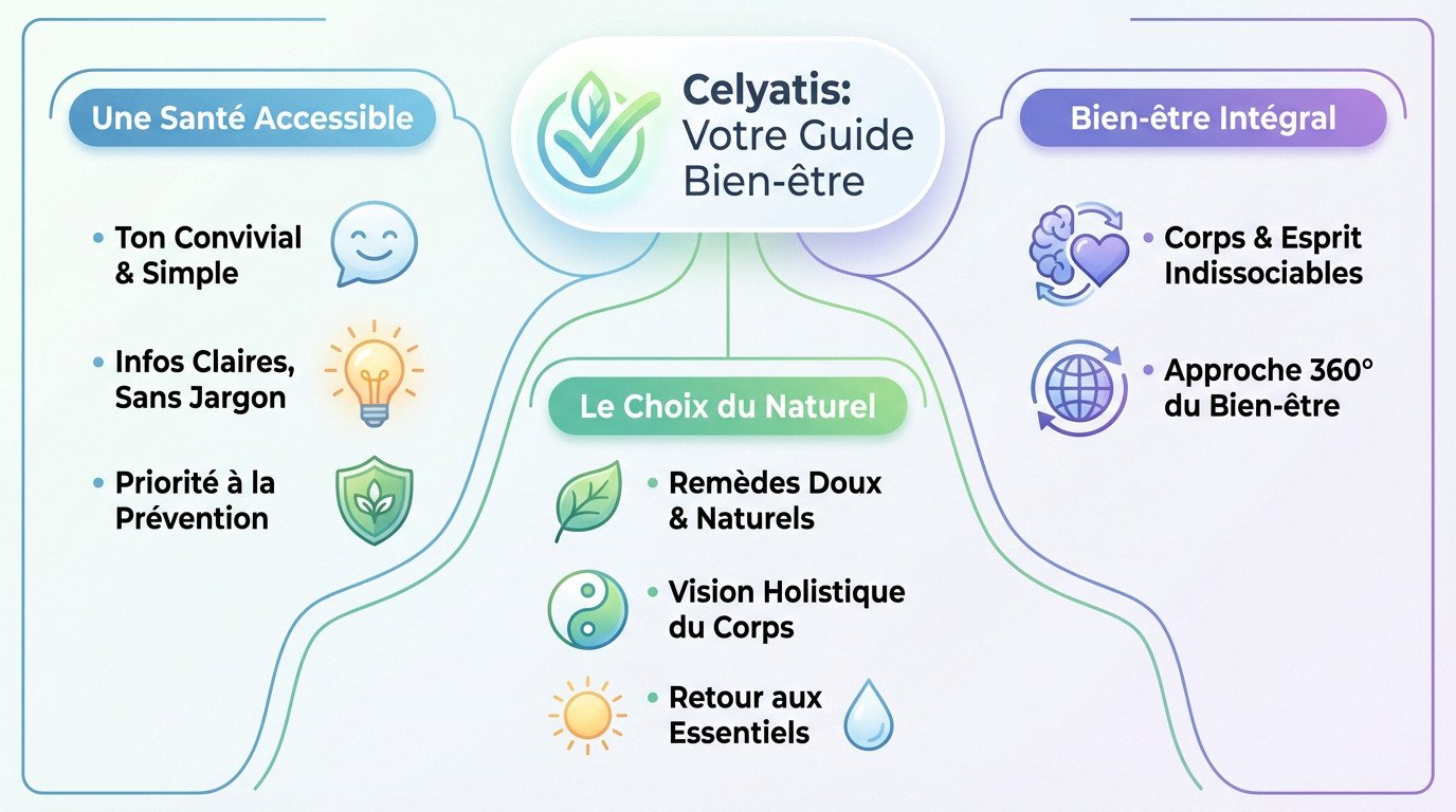 Infographie illustrant les piliers du bien-être selon Celyatis : prévention et solutions naturelles