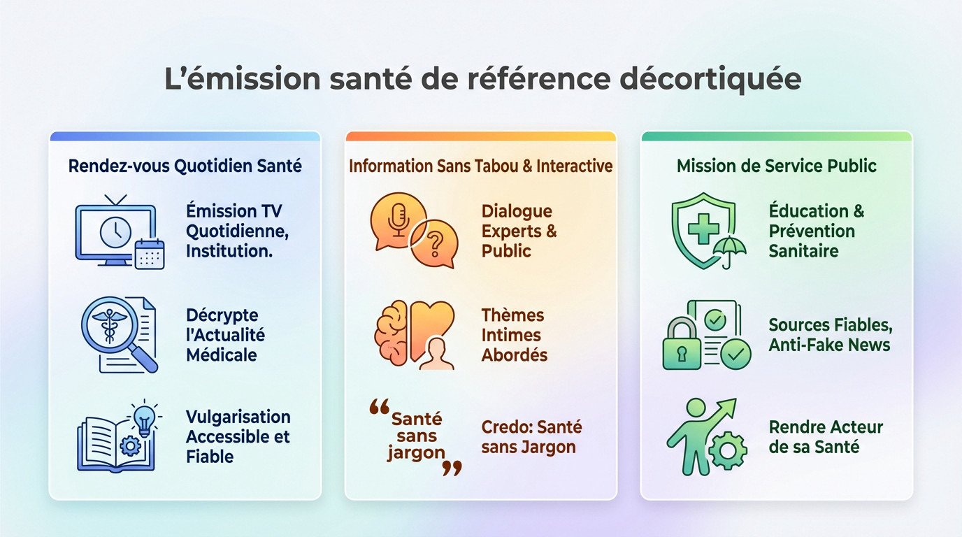 Infographie présentant le concept, le format interactif et les thématiques du Mag de la Santé
