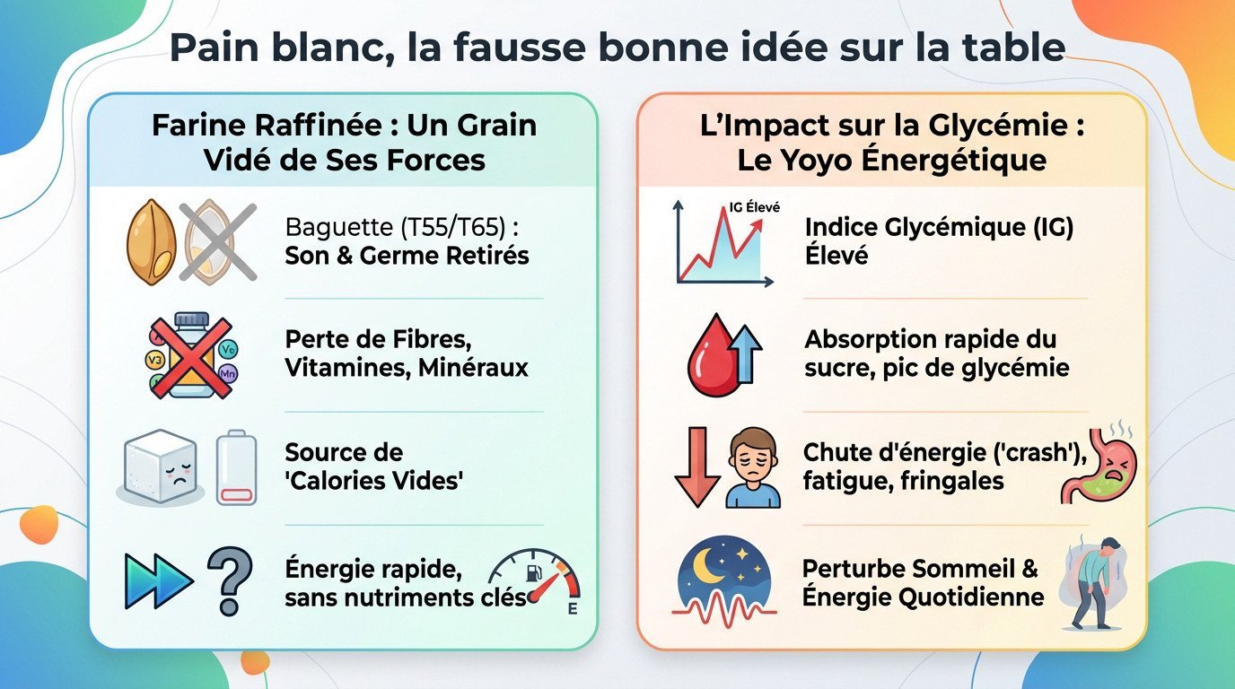 Baguette de pain blanc coupée sur une table, illustrant le manque de fibres et de nutriments