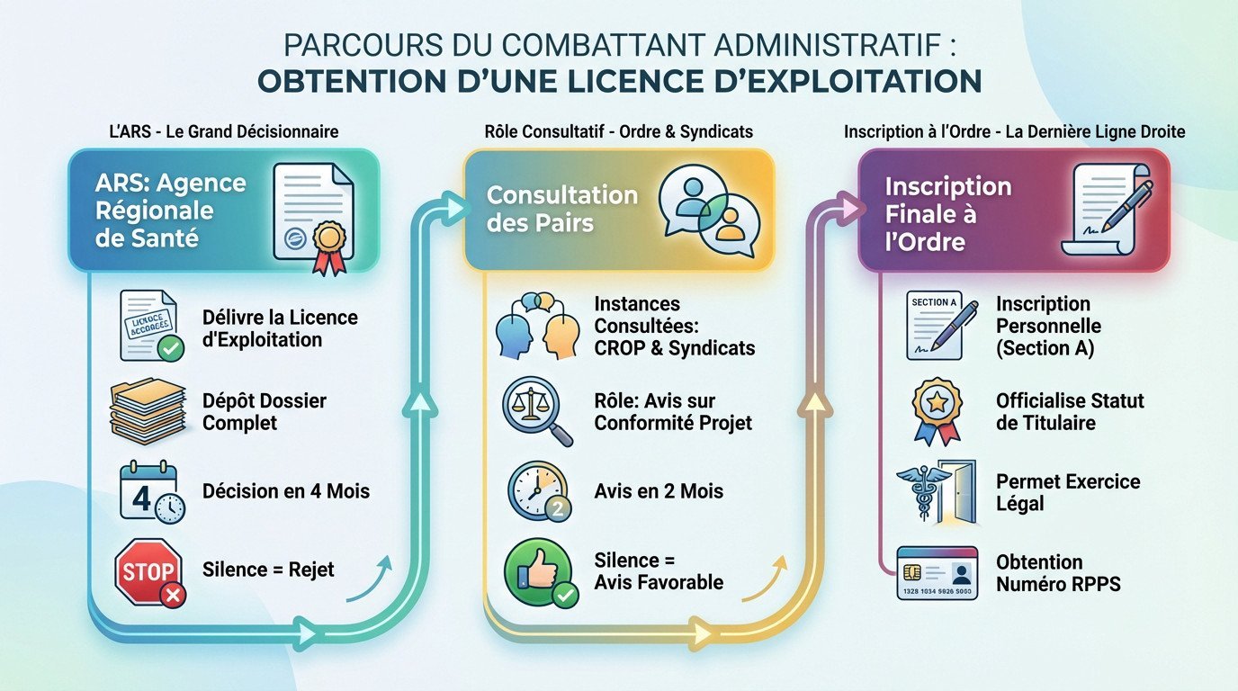 Schéma des étapes administratives pour l'obtention d'une licence d'exploitation de pharmacie auprès de l'ARS