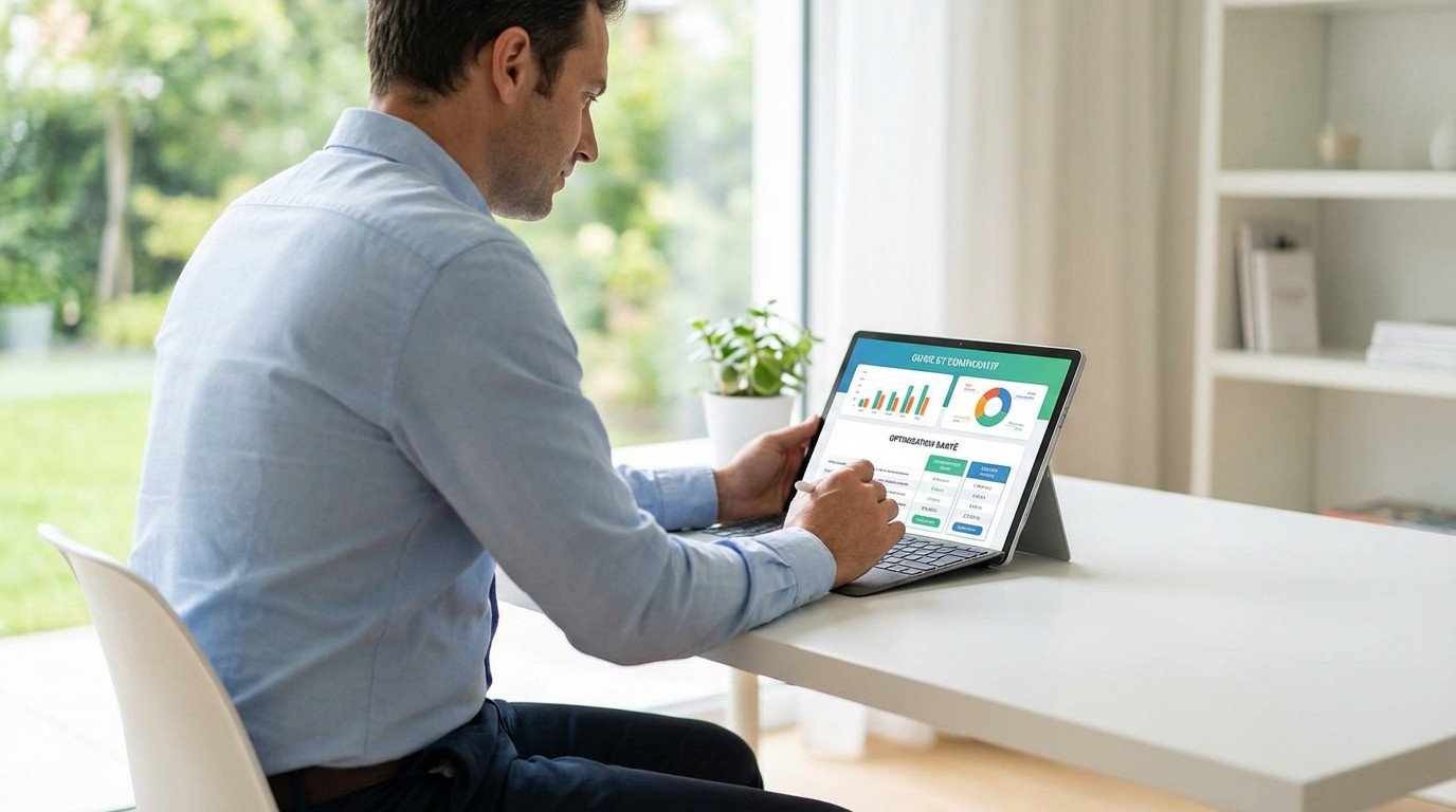 Un homme en chemise bleue compare des plans d'assurance santé sur une tablette, affichant des graphiques et données. Bureau moderne, lumière naturelle.
