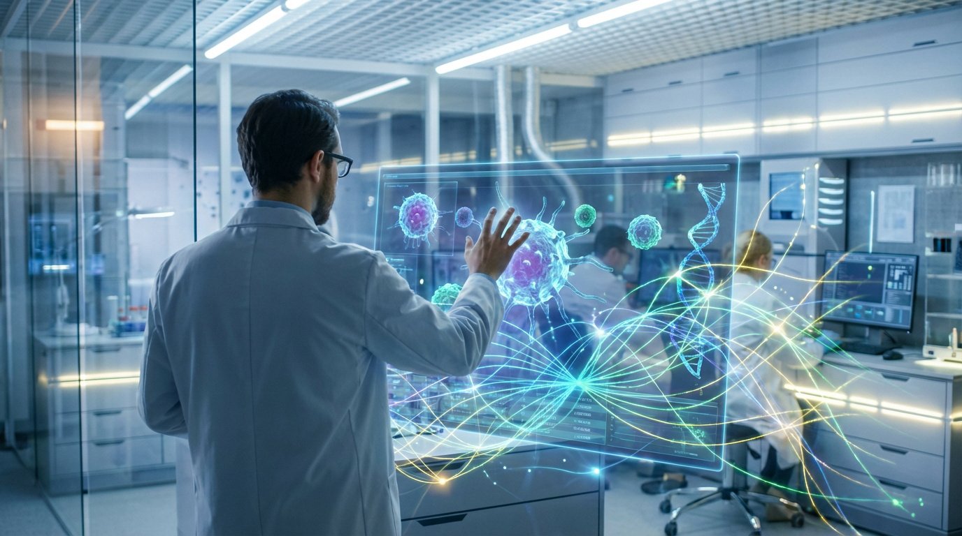 Un chercheur manipule des modèles cellulaires et ADN sur écran holographique en laboratoire, symbolisant l'IA en médecine.