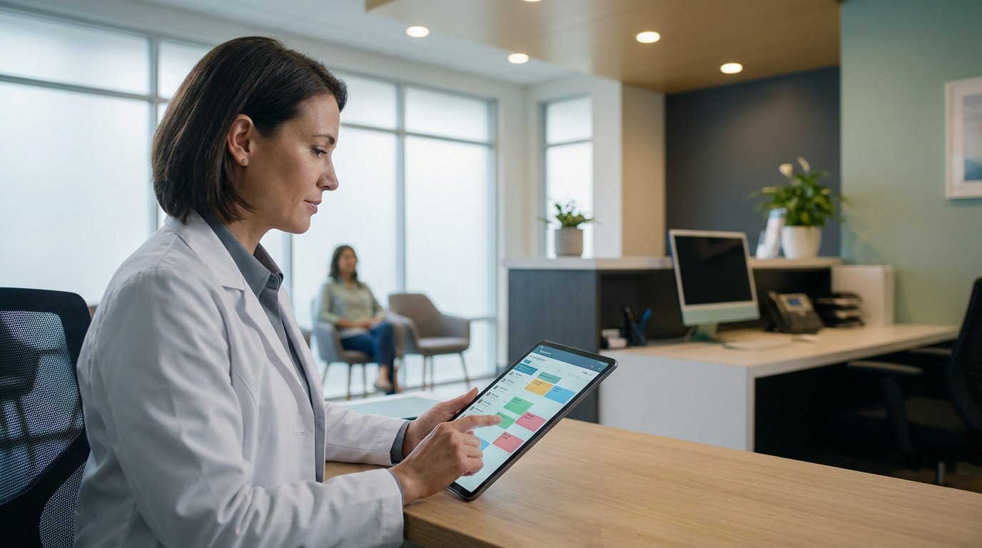 Une docteure en blouse blanche gère les rendez-vous sur une tablette tactile dans un cabinet médical moderne et lumineux.