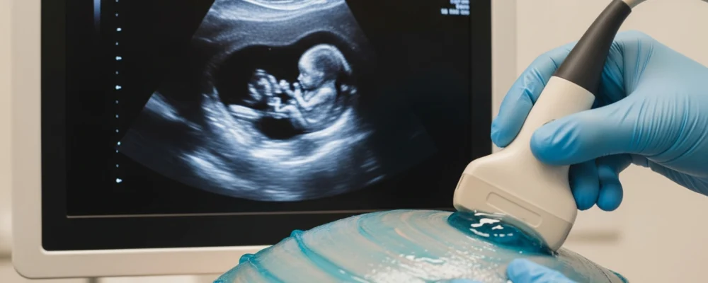 Gros plan sur un écran d'échographie médicale affichant une image détaillée en grayscale d'un fœtus, avec la main