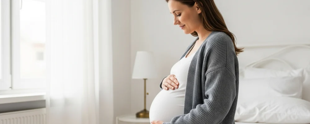 Une femme enceinte allongée sur le côté sur un lit blanc, les mains pressant doucement son ventre rond