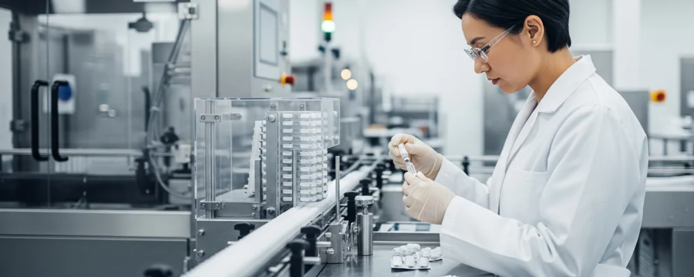 Un scientifique pharmaceutique en blouse de laboratoire blanche examinant des flacons de médicament sur une ligne de production