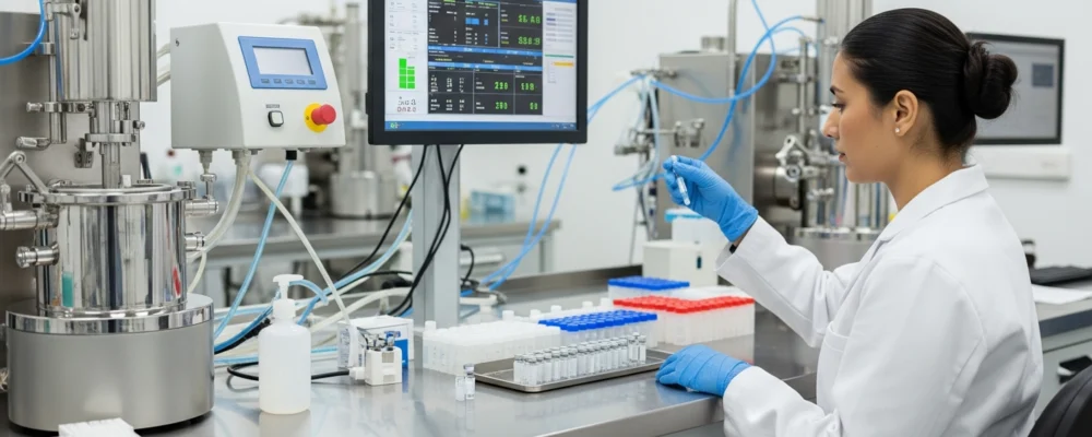 Un technicien de laboratoire pharmaceutique en blouse blanche examinant des échantillons de médicaments dans des flacons sur un banc de travail en acier inoxydable stérile