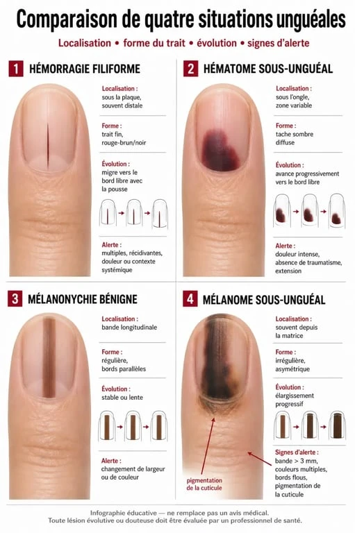 Trait noir sur les ongles : comparaison entre hémorragie filiforme, mélanonychie bénigne et mélanome sous-unguéal