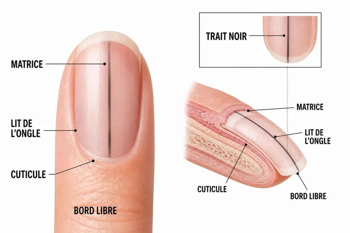 Trait noir sur les ongles : schéma de la matrice, du lit de l’ongle et de la cuticule pour comprendre l’origine d’une bande pigmentée