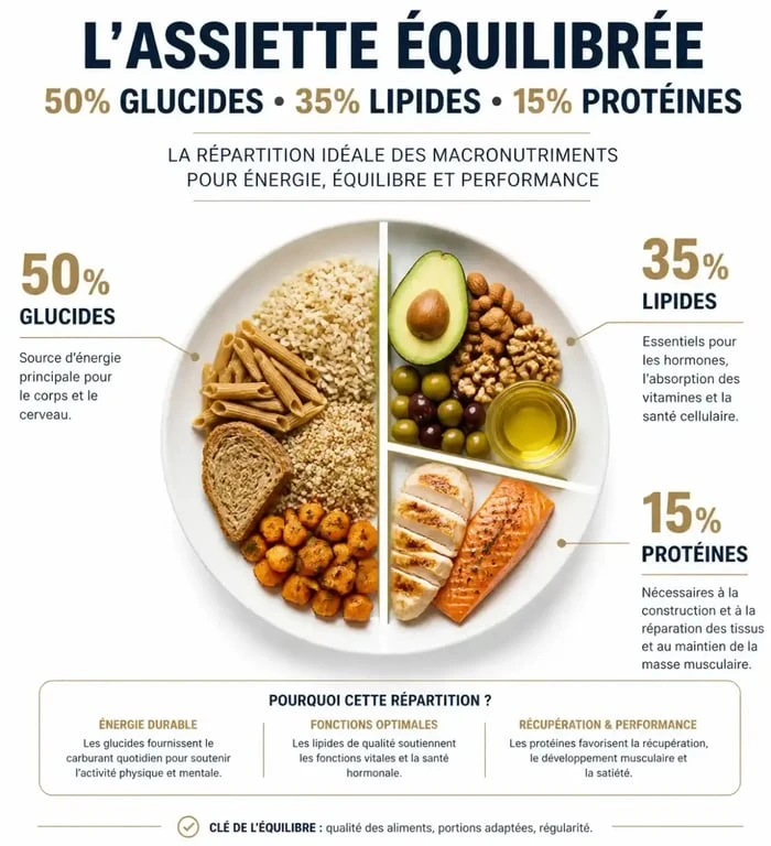 Infographie sur la répartition des macronutriments pour une alimentation saine et nutri conseil