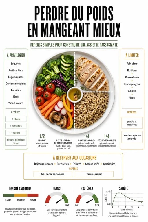 Infographie manger maigrir fr montrant les aliments à privilégier, limiter et réserver aux occasions pour perdre du poids