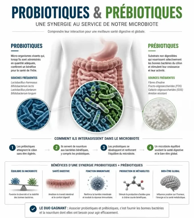 Infographie sur l'action des produits symbiotiques dans le microbiote humain