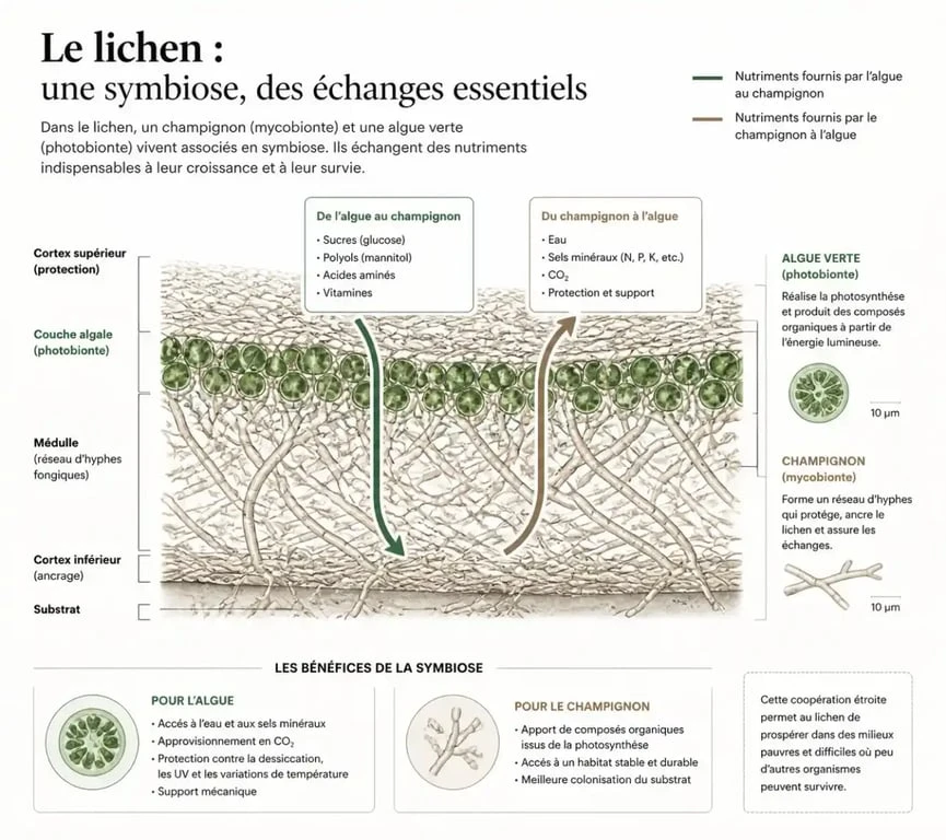 Schéma explicatif de la relation symbiotique entre un champignon et une algue dans un lichen