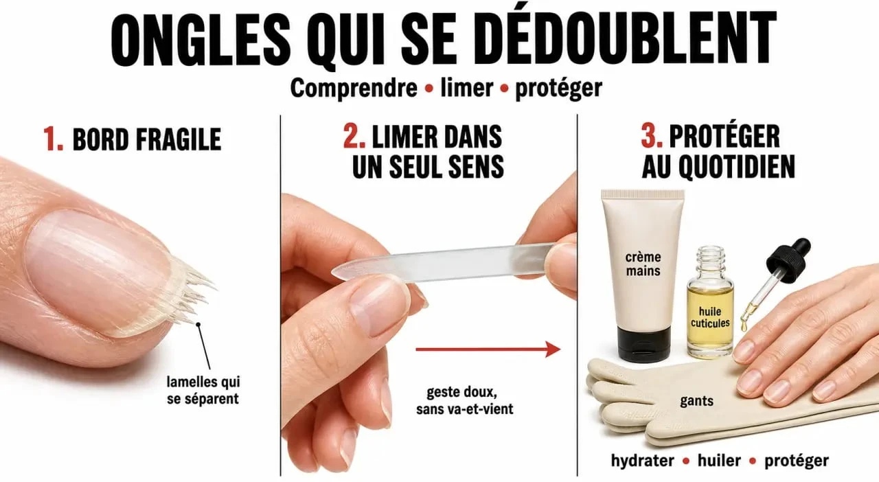 Illustration des ongles qui se dédoublent avec limage douce, hydratation et protection