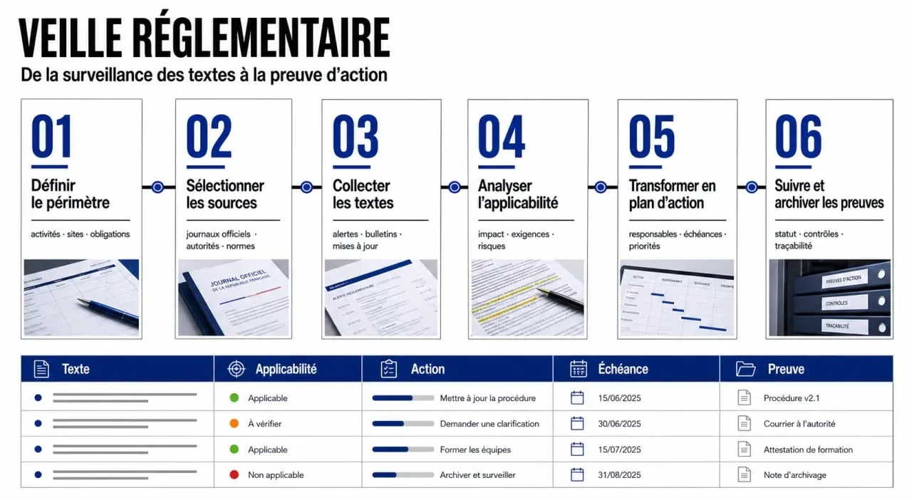Schéma de veille réglementaire en 6 étapes dans une entreprise