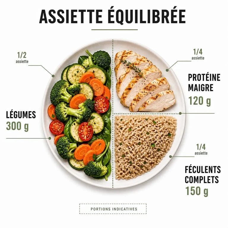 Menu regime équilibré sur une assiette avec légumes, protéines maigres et féculents complets