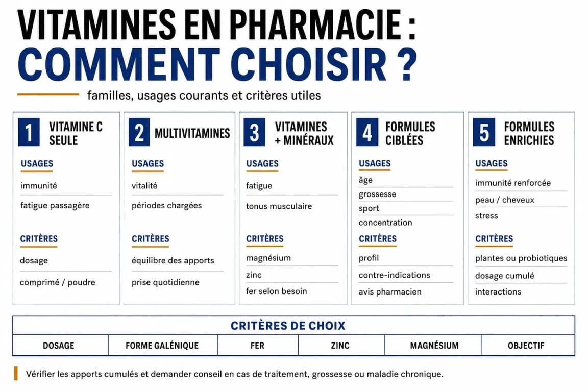 Vitamine pharmacie : comparaison visuelle des principales familles de compléments en pharmacie