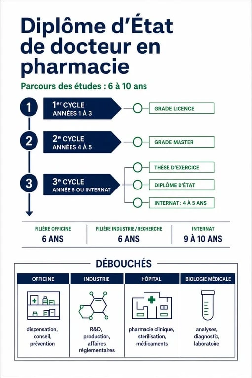 Infographie du dr en pharmacie avec les cycles d’études, la thèse et les débouchés