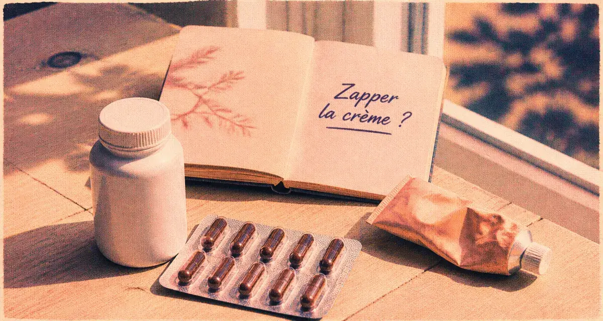 Complément alimentaire solaire : flacon et gélules sur table riso