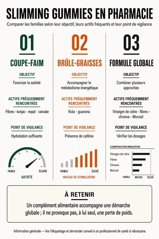 Infographie comparative des slimming gummies en pharmacie selon l’objectif et les actifs