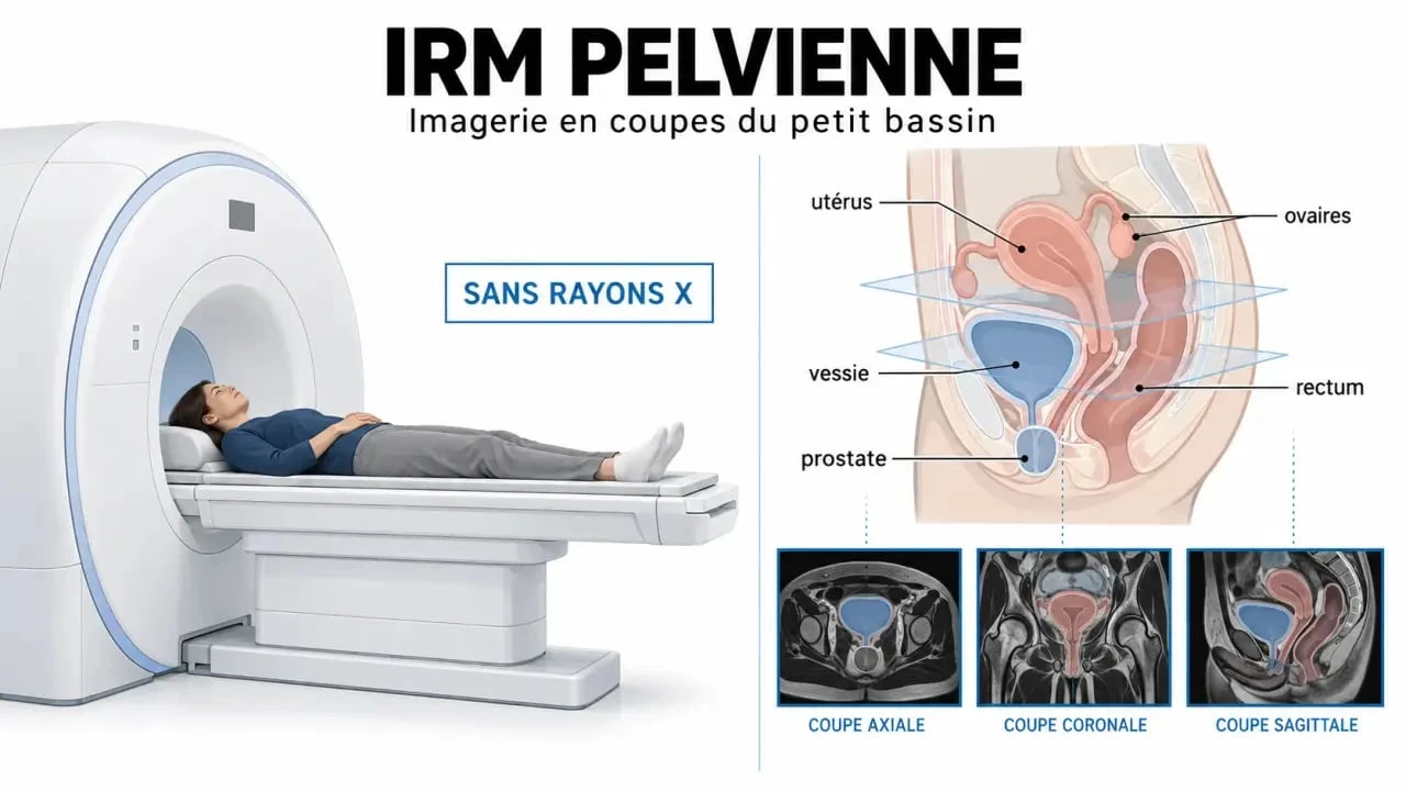 Illustration pédagogique d’une IRM pelvienne et des organes explorés dans le petit bassin