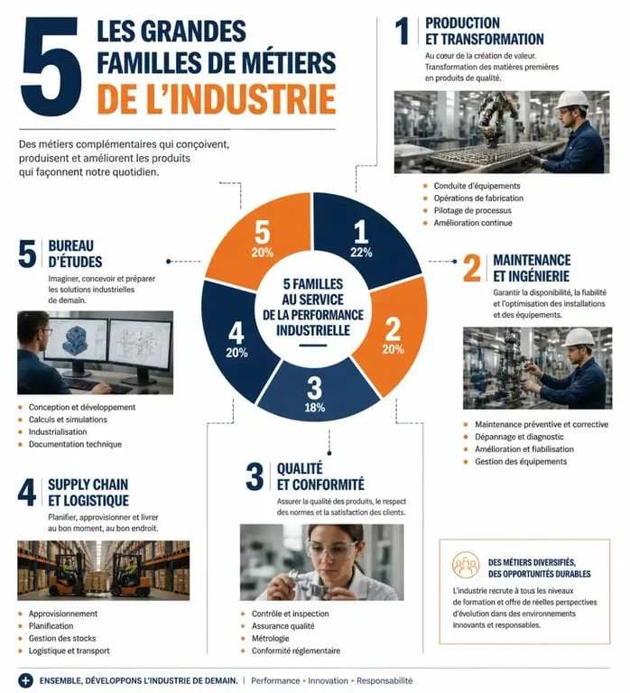 Infographie des 5 grandes familles de métiers pour le recrutement industries