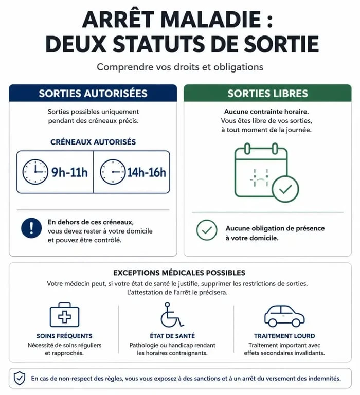 Infographie comparative des horaires de sortie autorisés et sorties libres en arrêt maladie