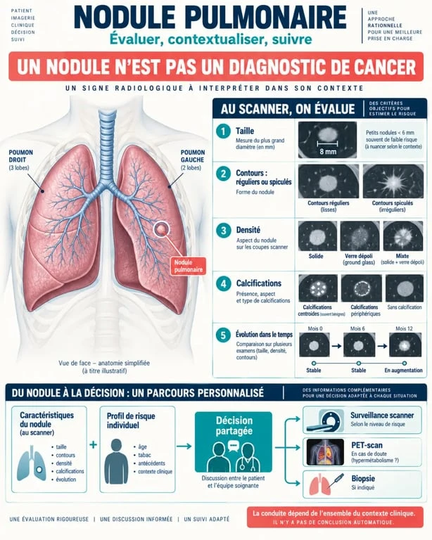Infographie sur un nodule sur poumon montrant les critères du scanner et les étapes de surveillance