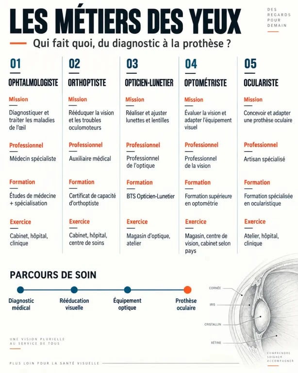 Infographie comparative des métiers des yeux : ophtalmologiste, orthoptiste, opticien-lunetier, optométriste et oculariste