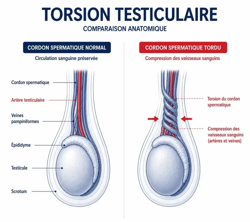 Schéma explicatif de la torsion testiculaire et de la diminution de la circulation sanguine