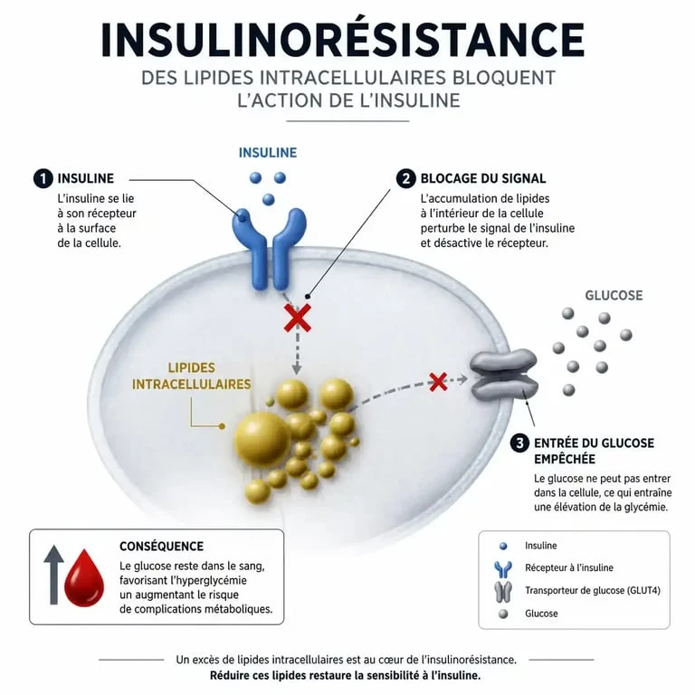 Schéma explicatif du mécanisme de l'insulinorésistance et de la difficulté d'entrée du glucose dans la cellule