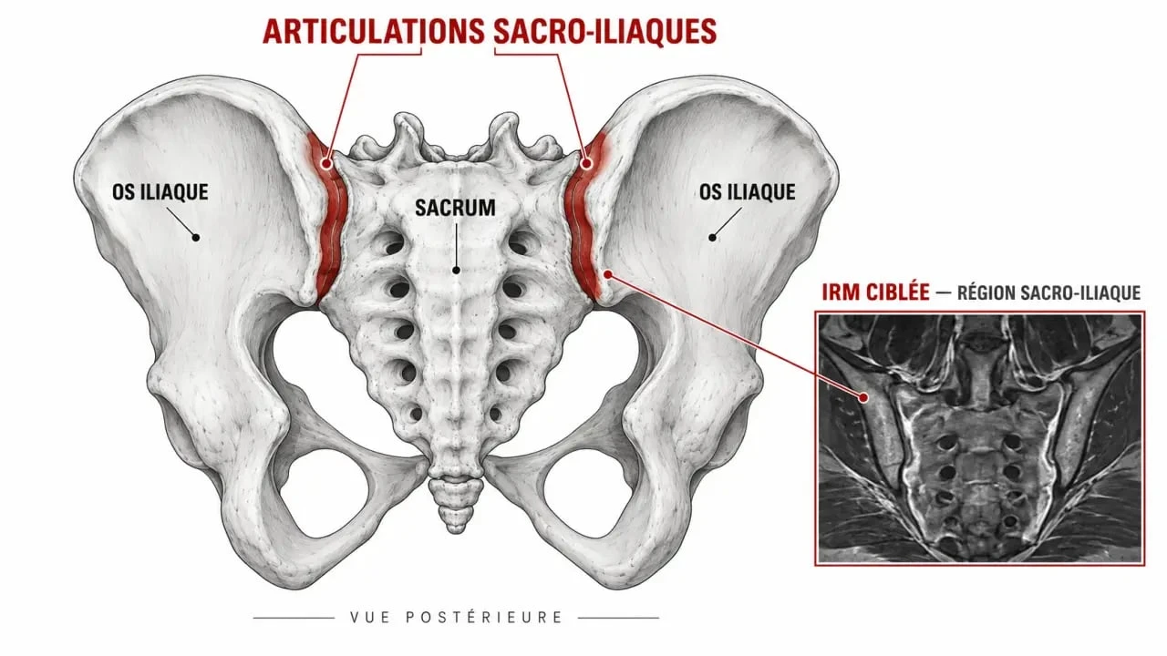 Schéma de l’IRM sacro-iliaque et de la localisation des articulations sacro-iliaques