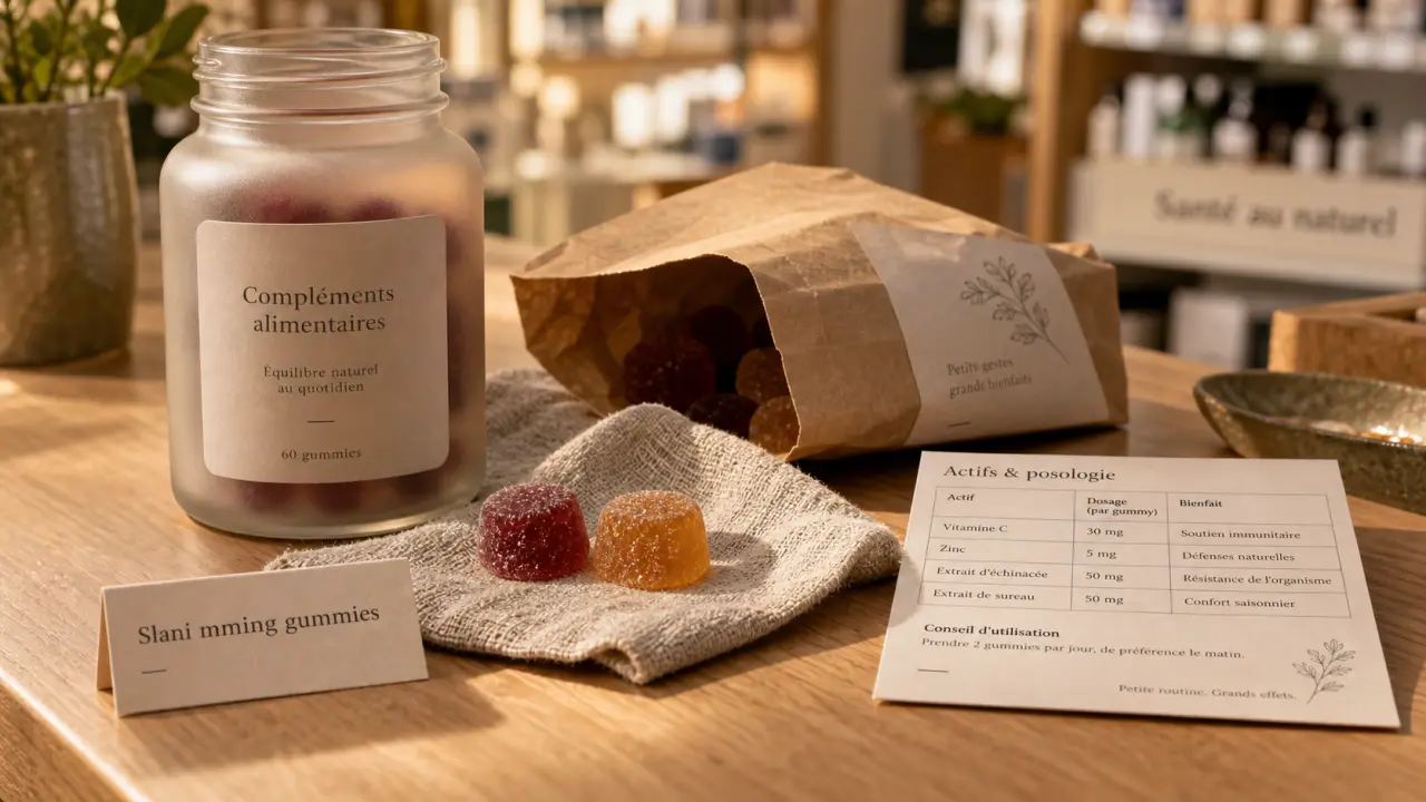 Sl(i)mming gummies en pharmacie sur comptoir de pharmacie, flacon et gummies fruitées