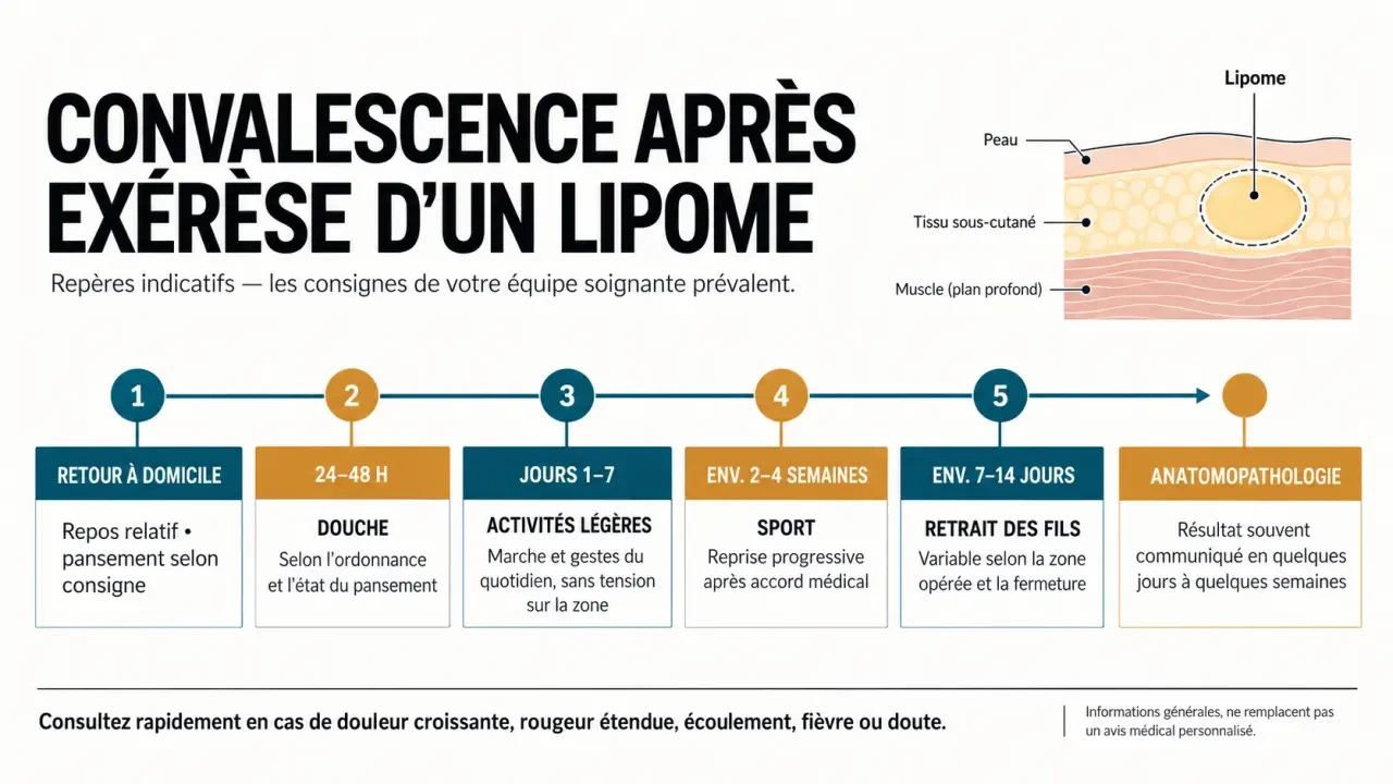 Infographie sur la convalescence après opération d’un lipome et les principaux délais de récupération
