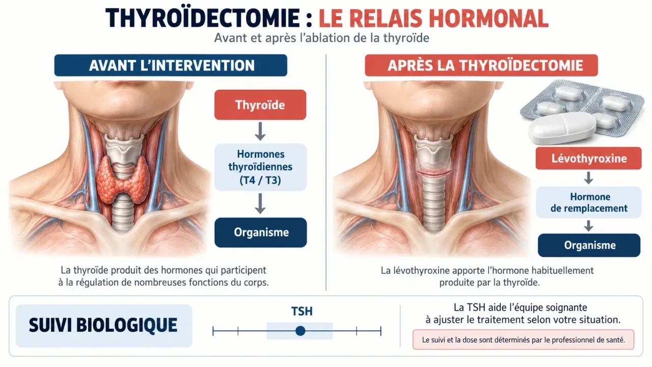 Vivre sans thyroïde : schéma du remplacement hormonal après une thyroïdectomie et suivi de l’espérance de vie