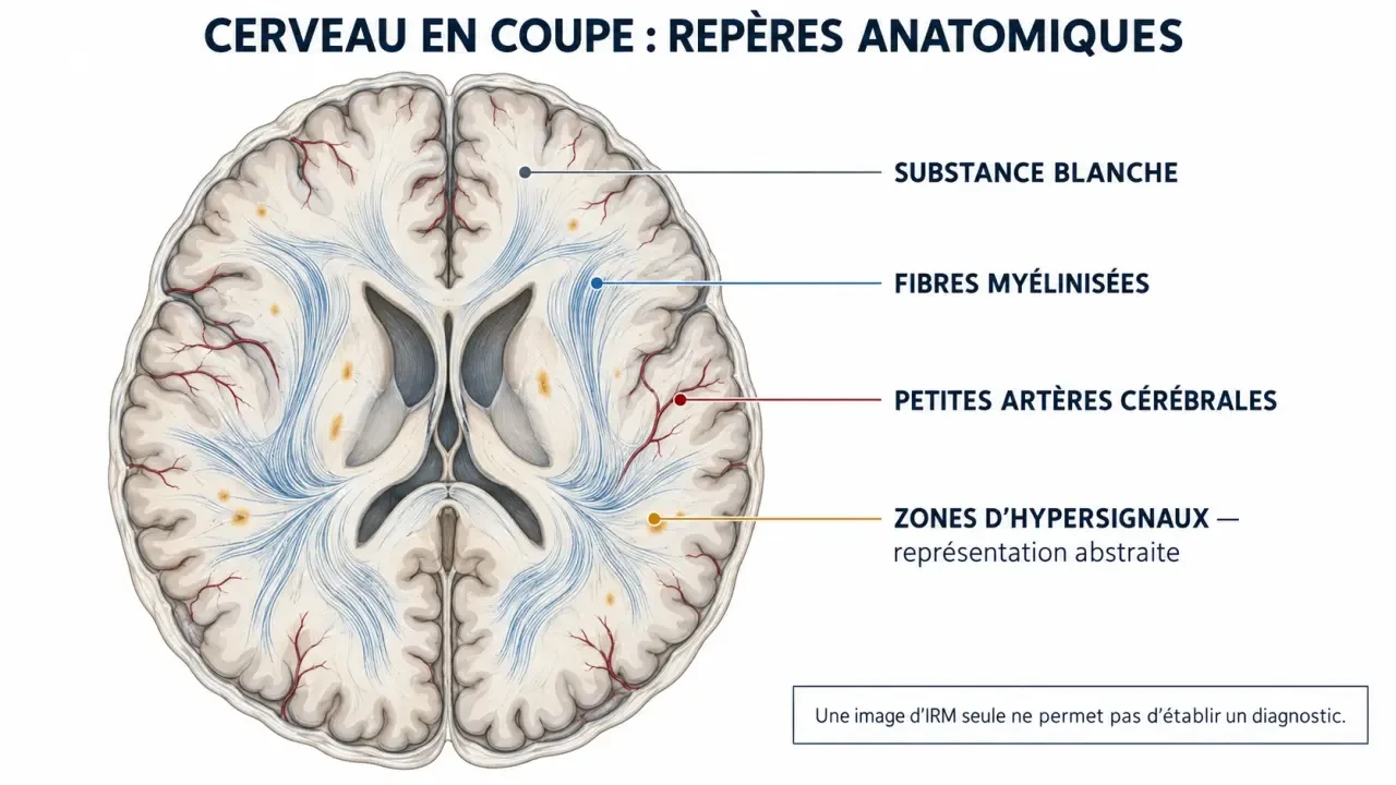 Schéma de la substance blanche expliquant les hypersignaux et stress sur une IRM cérébrale