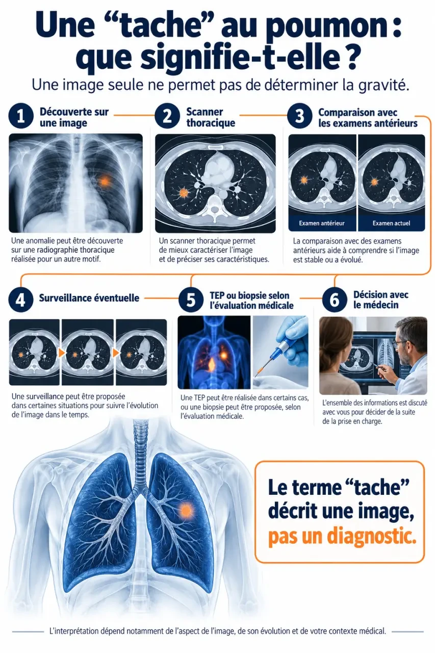 Infographie : tache au poumon est-ce grave ? Parcours entre découverte, scanner, surveillance et avis médical